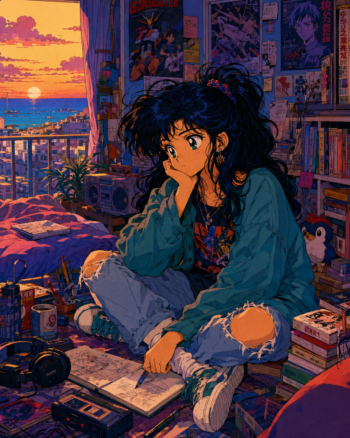 Oli dibuja en su habitación mientras el mar y el atardecer se ven por la ventana