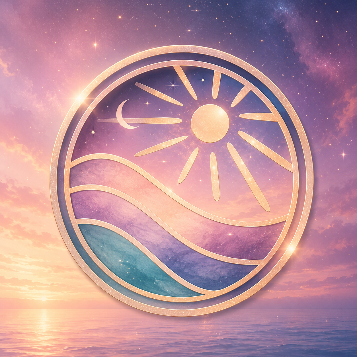 Emblema de Andrea Terra sobre un paisaje de mar, cielo estrellado, luna y sol